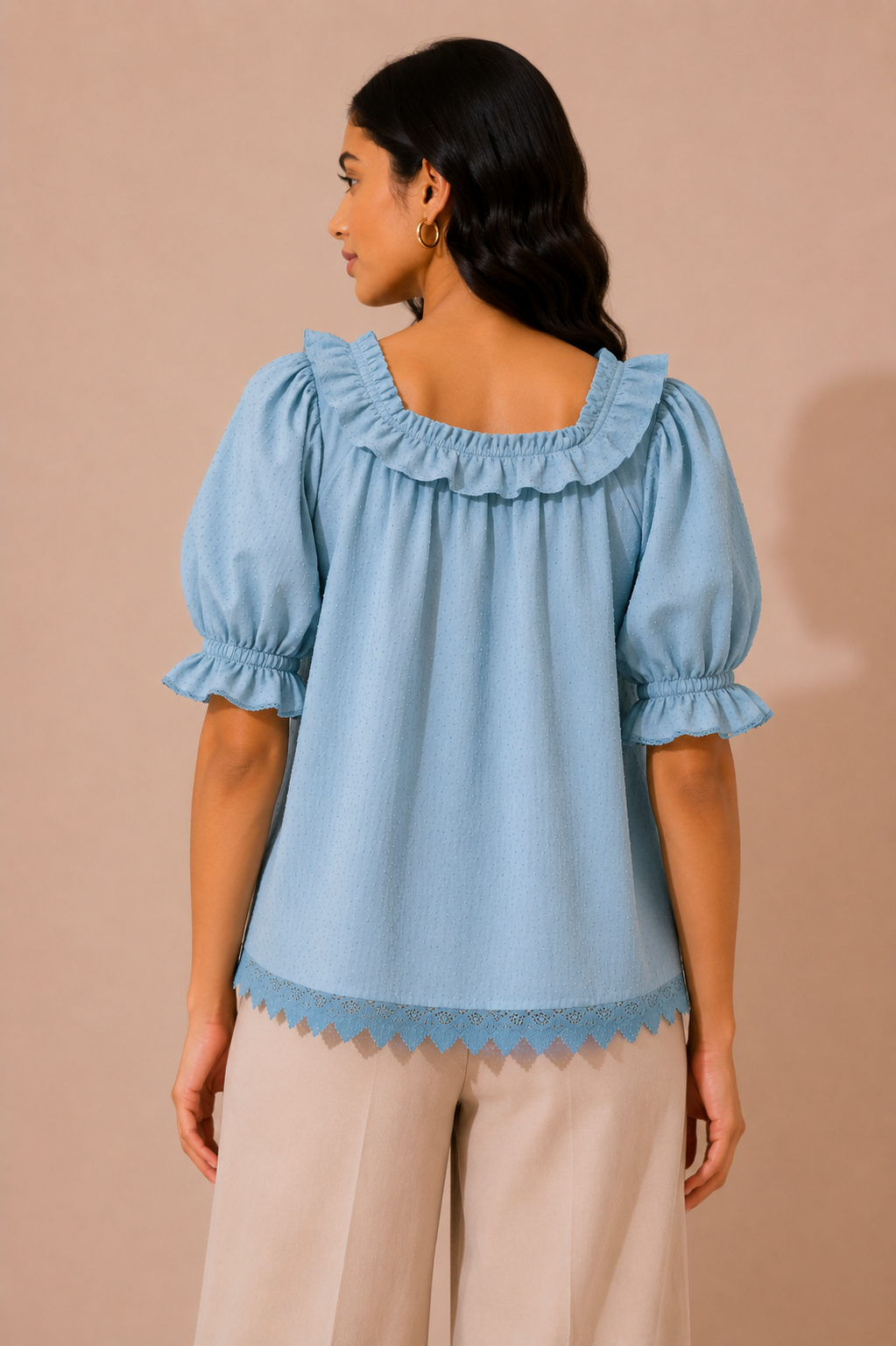 Powder Blue Swiss Dot Puff Sleeve Top
