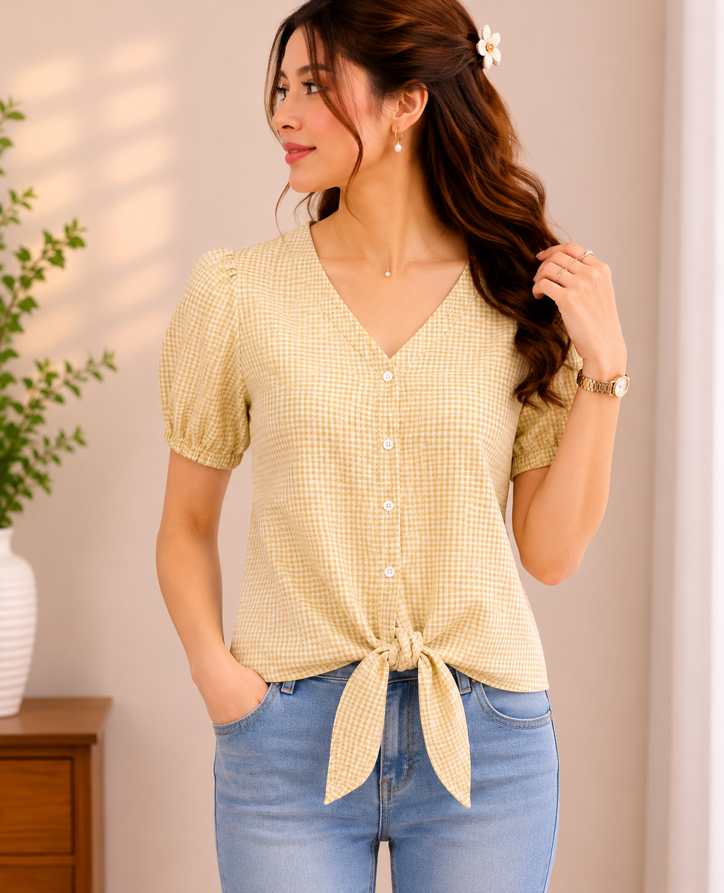 Yellow Tie-Front Gingham Top