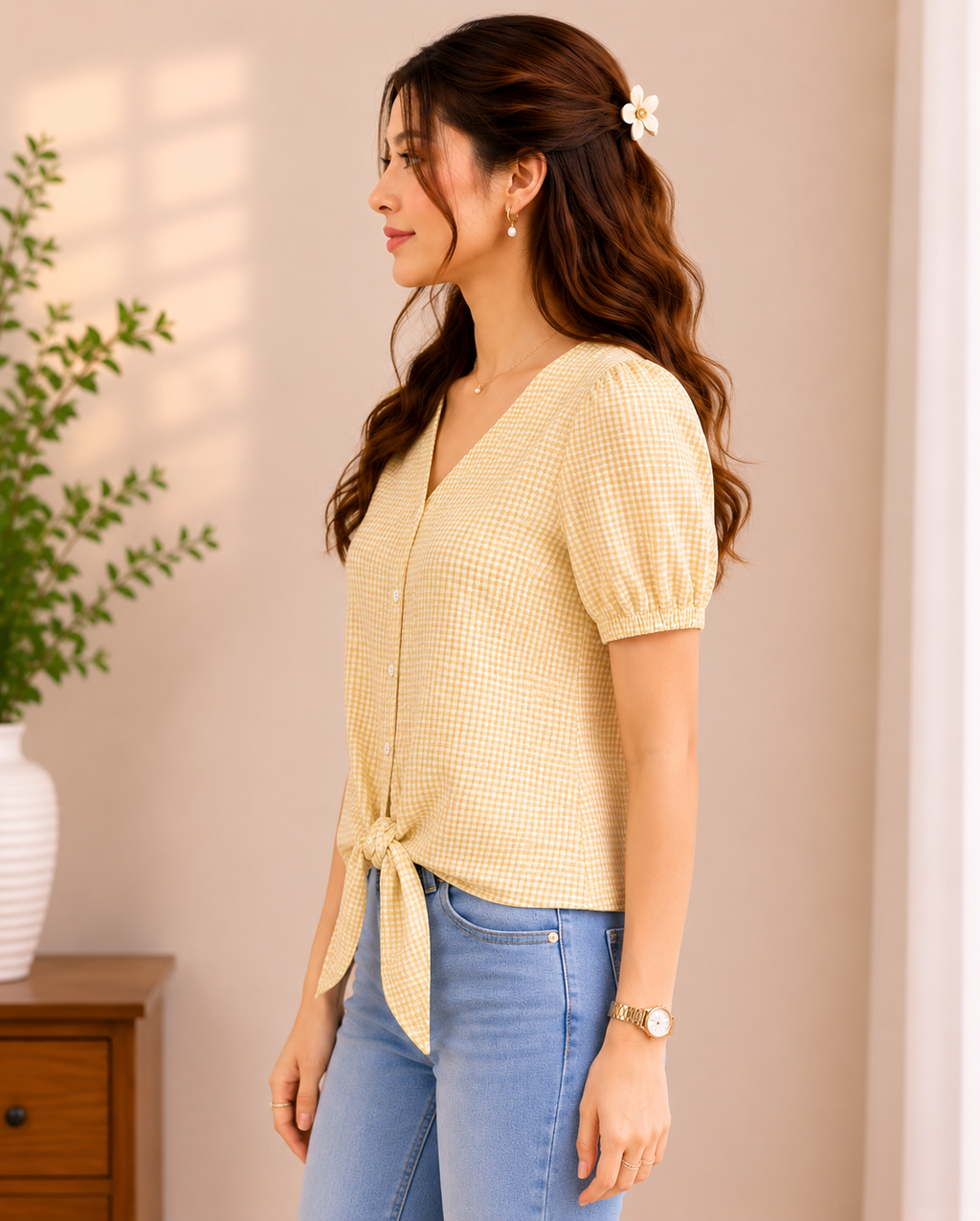 Yellow Tie-Front Gingham Top