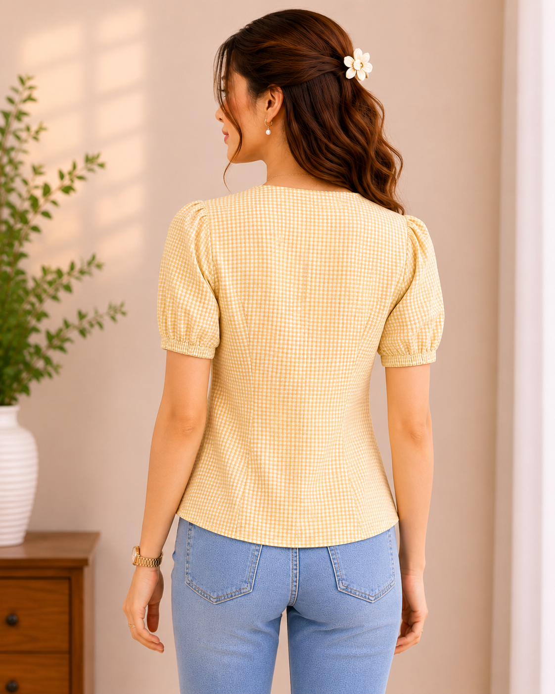 Yellow Tie-Front Gingham Top