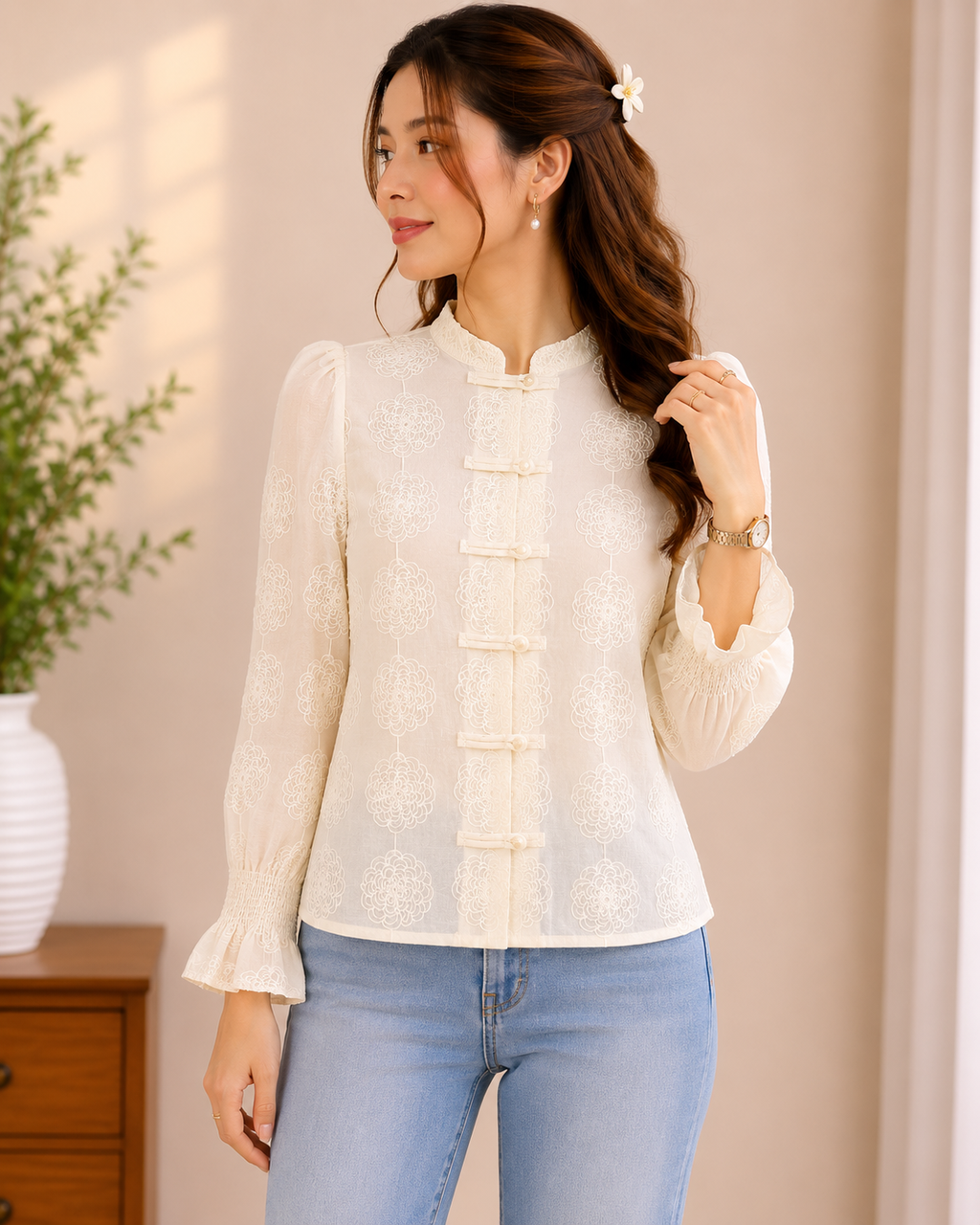 Sheer Embroidered Mandarin Top