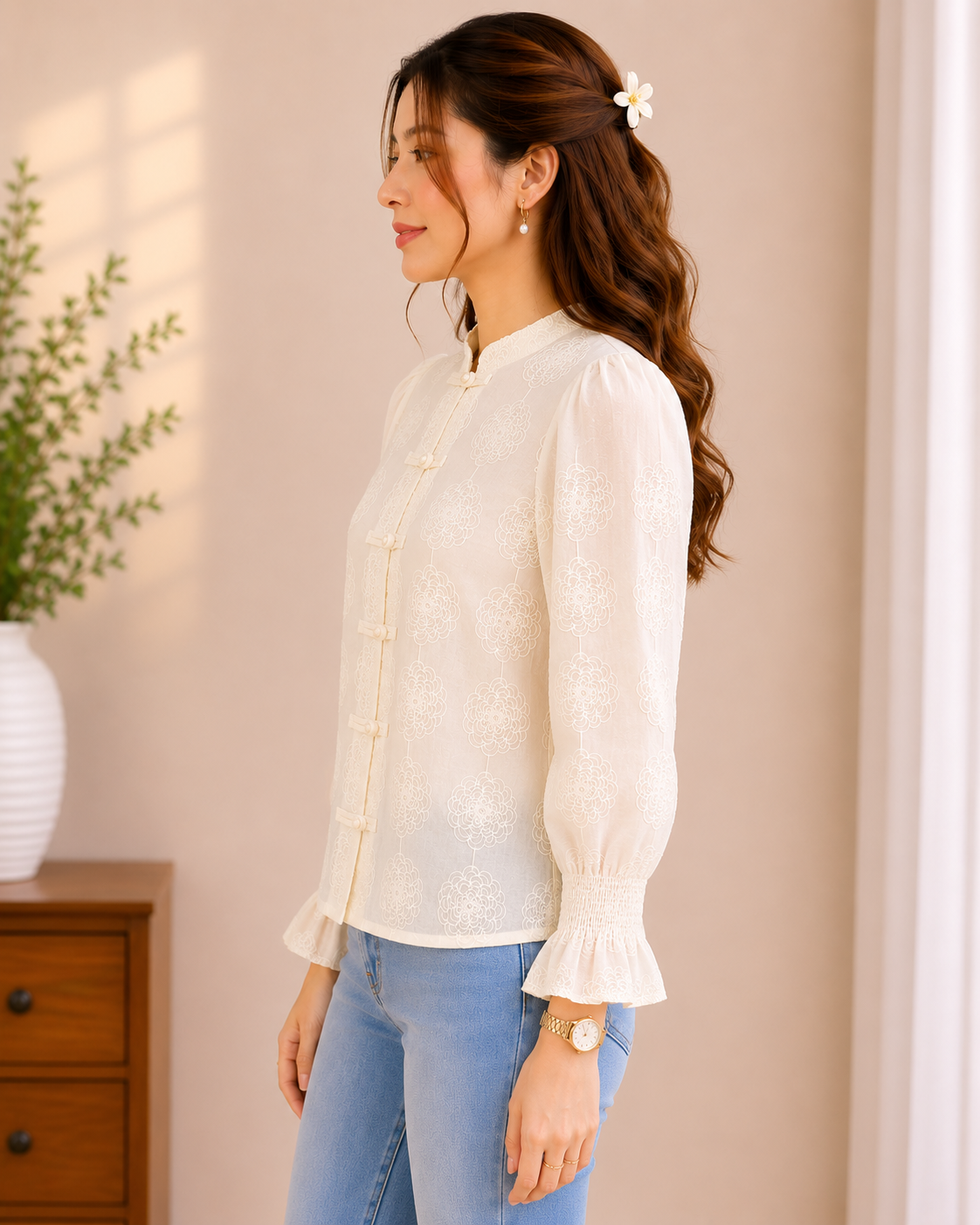 Sheer Embroidered Mandarin Top