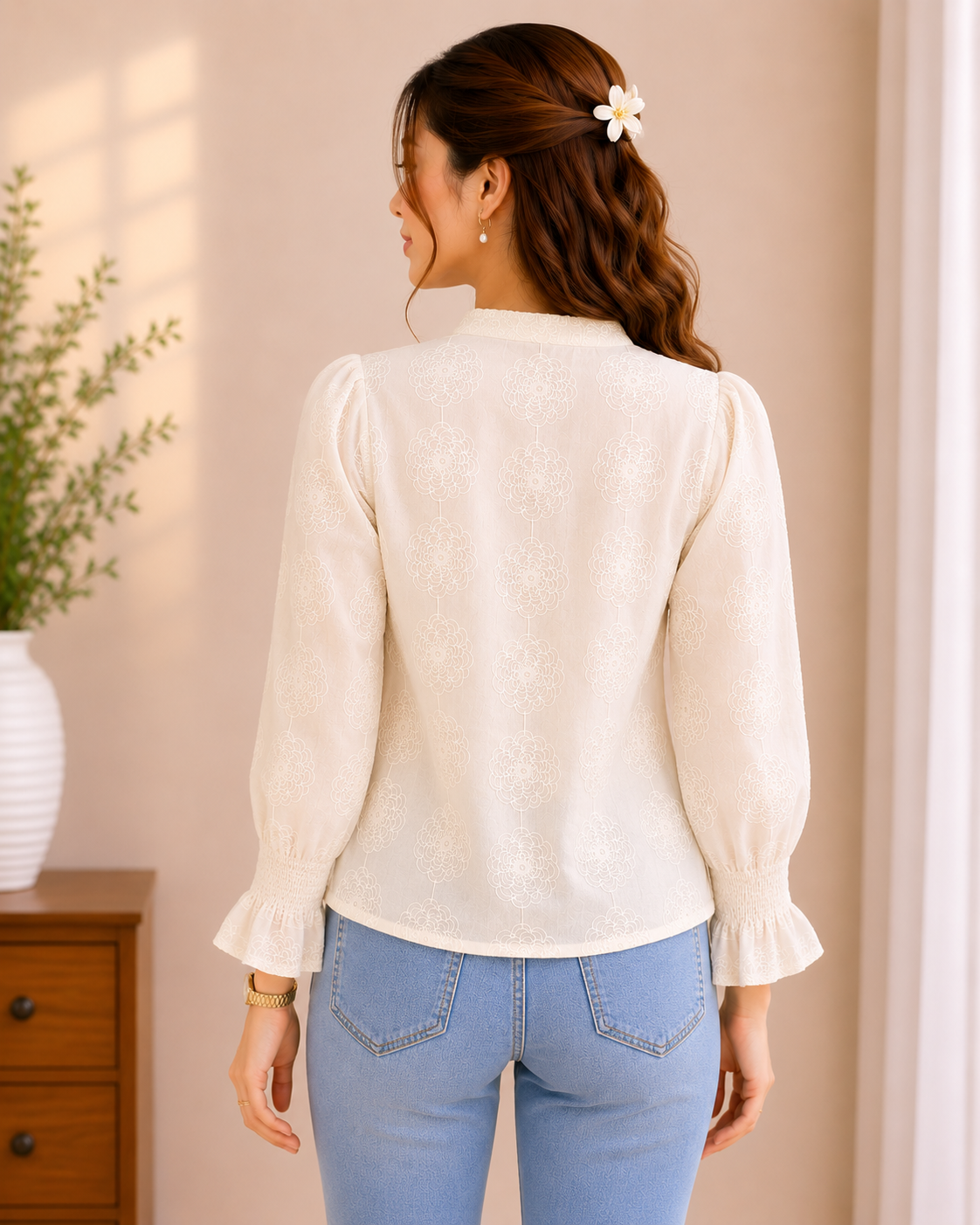 Sheer Embroidered Mandarin Top