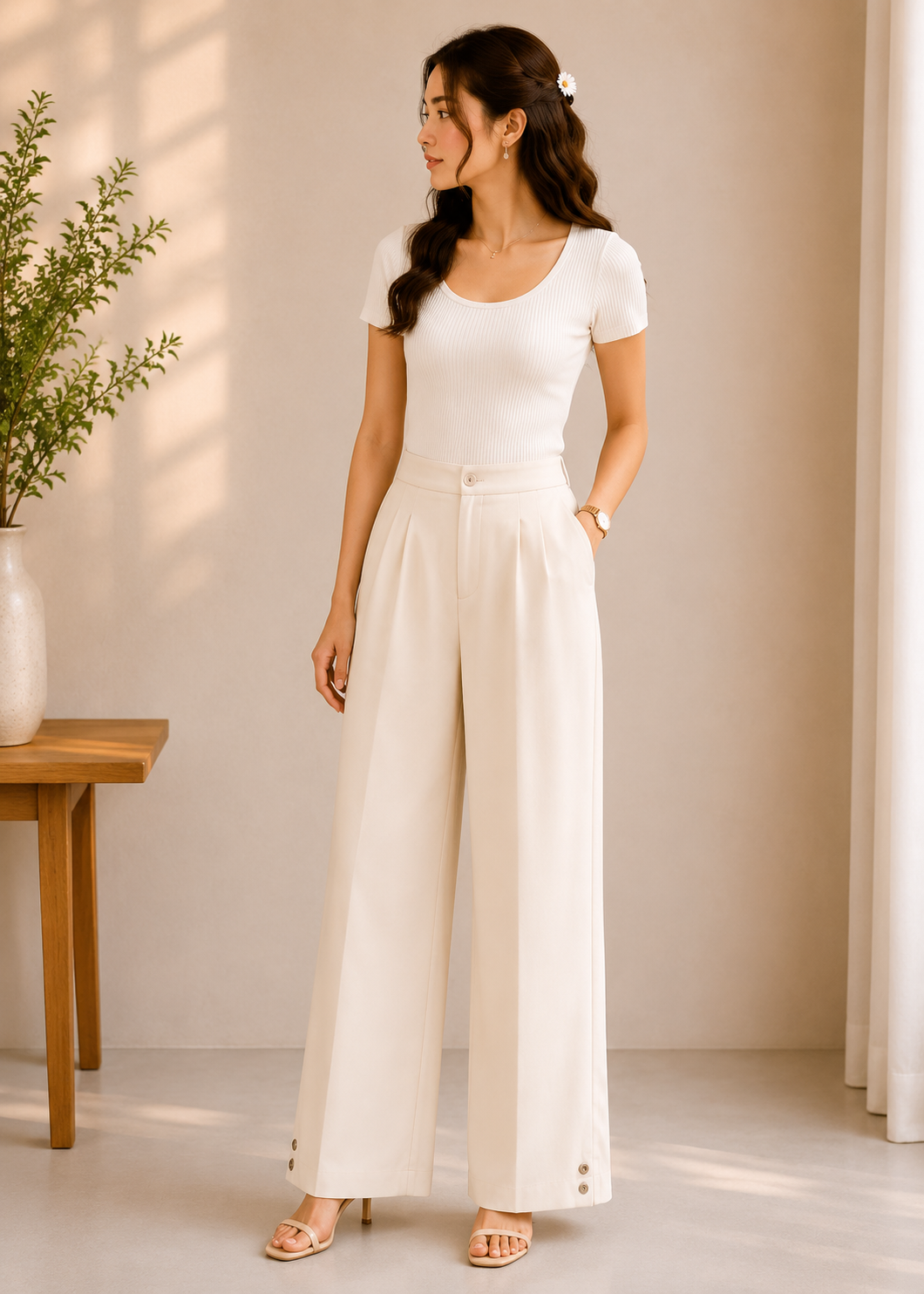 Cream Button-Hem Pants