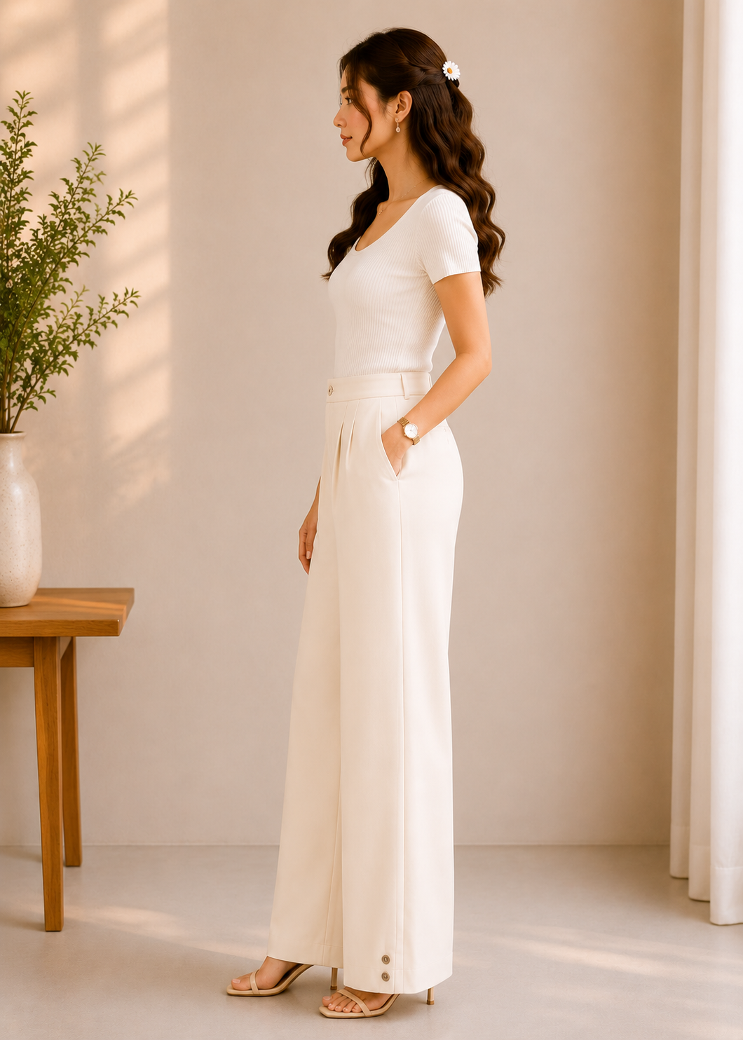 Cream Button-Hem Pants