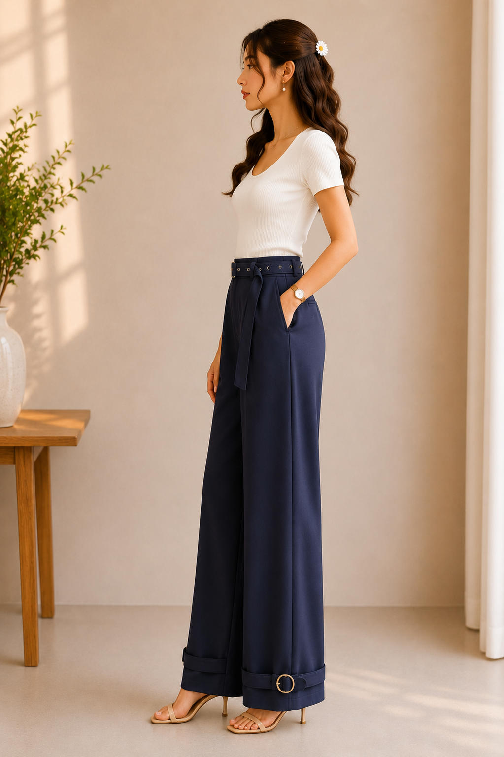 Navy Belted Statement Pants