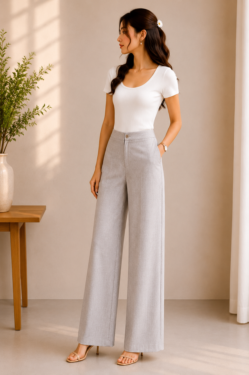 Grey Minimal Wide-Leg Pants