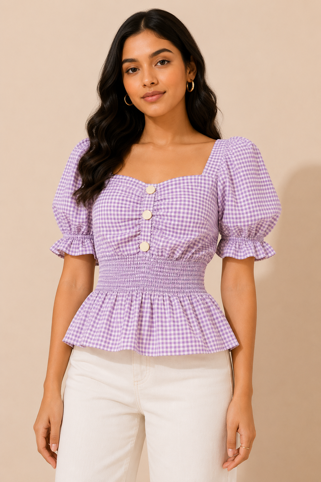 Lavender Gingham Smocked Peplum Top