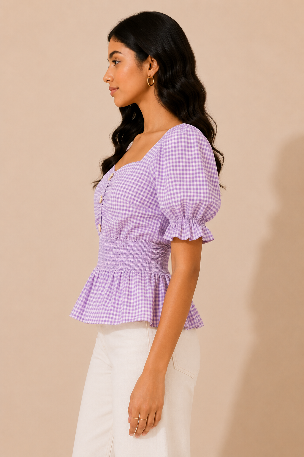 Lavender Gingham Smocked Peplum Top