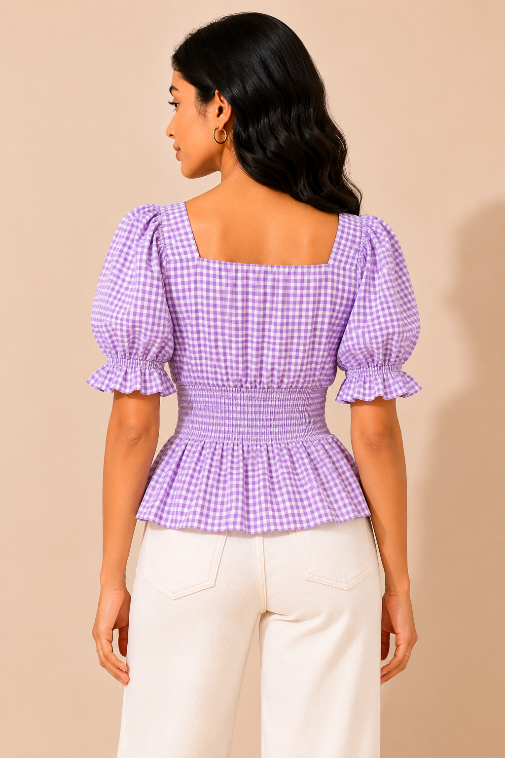 Lavender Gingham Smocked Peplum Top