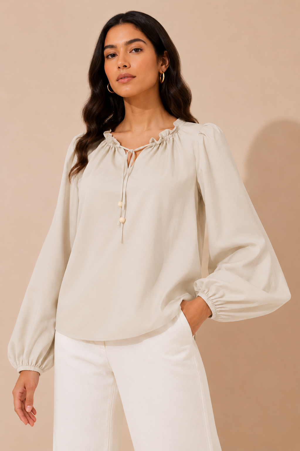 Ivory Balloon Sleeve Tie-Neck Blouse