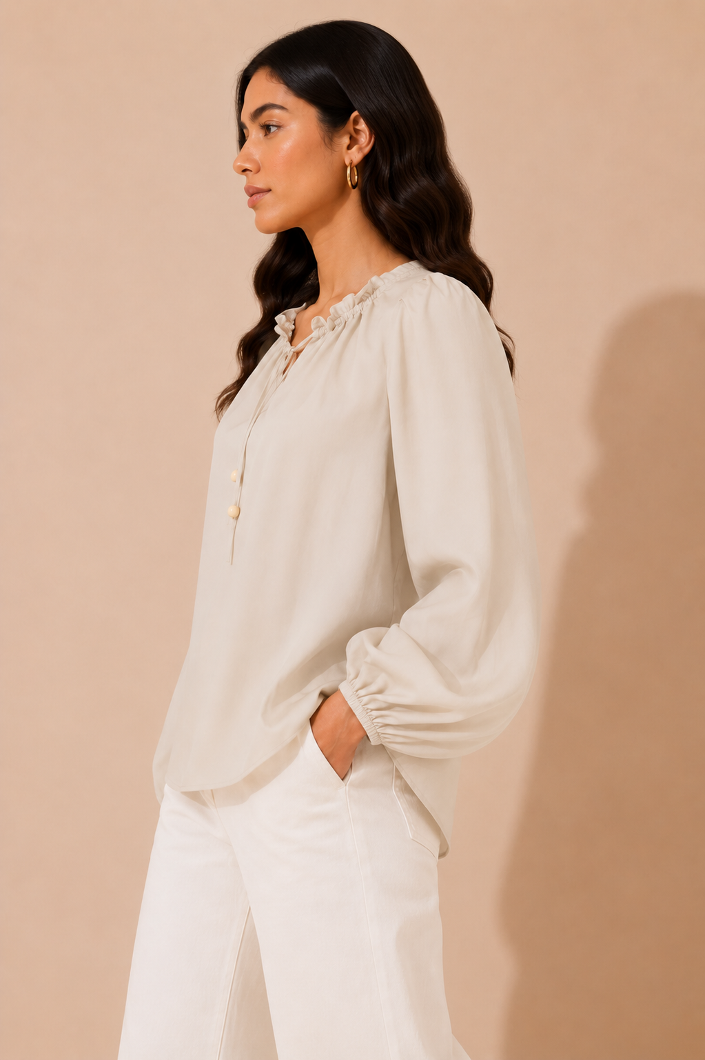 Ivory Balloon Sleeve Tie-Neck Blouse