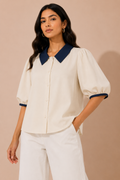 Ivory Contrast Collar Puff Sleeve Shirt