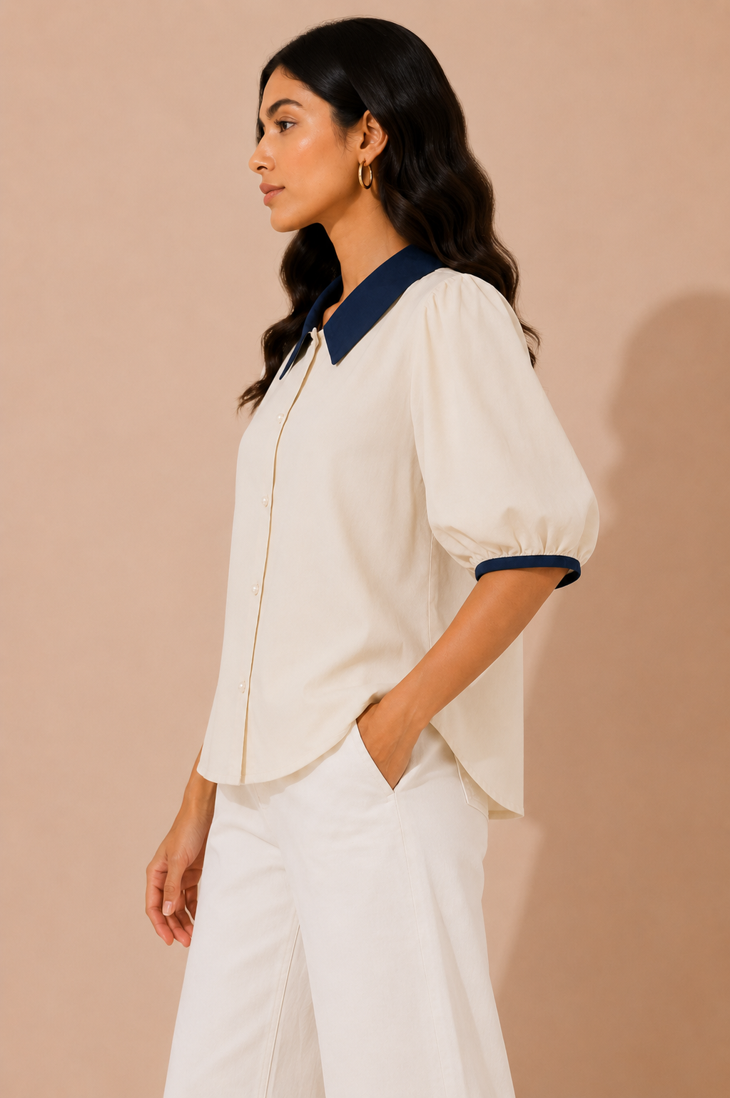 Ivory Contrast Collar Puff Sleeve Shirt