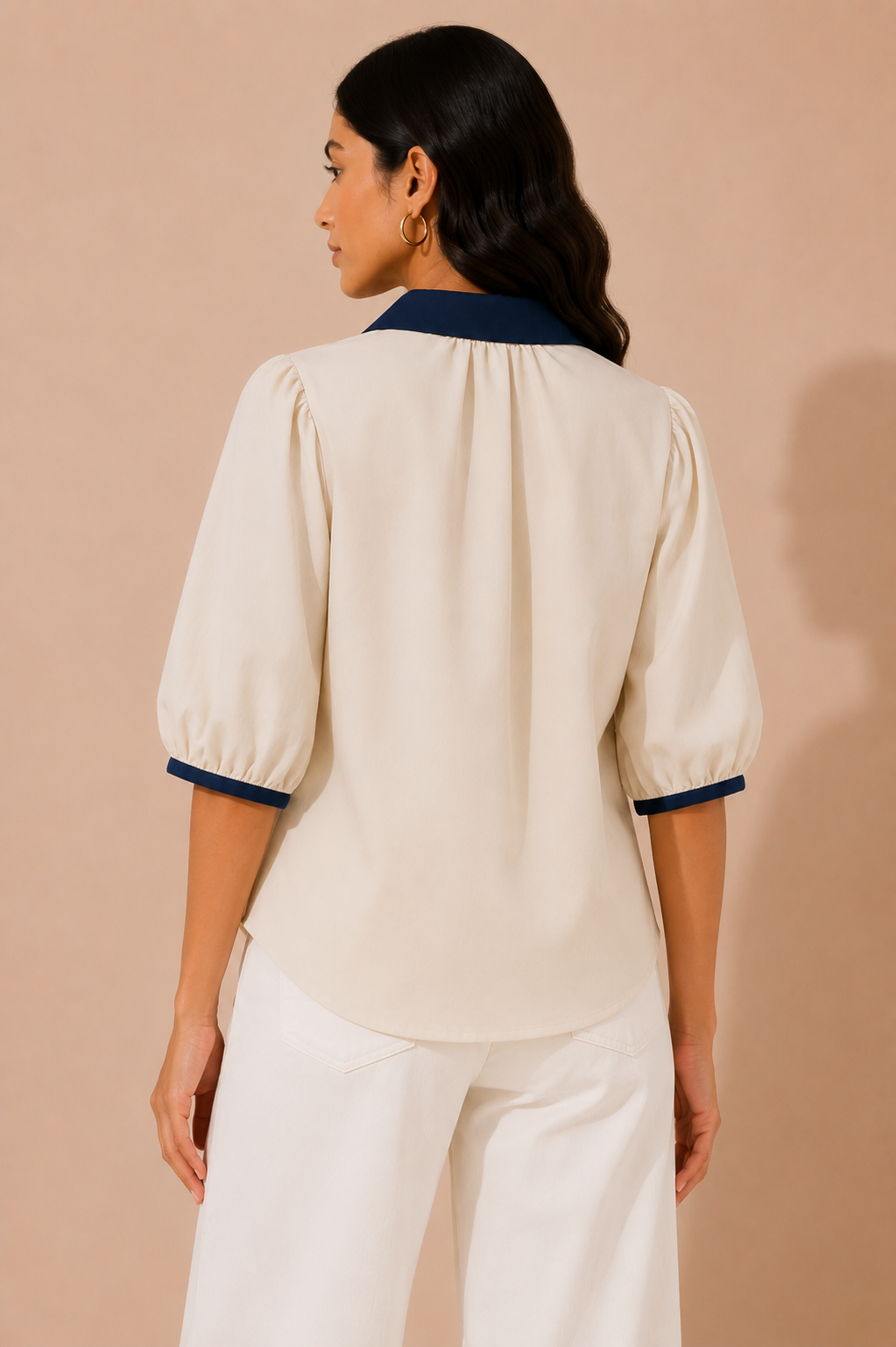Ivory Contrast Collar Puff Sleeve Shirt