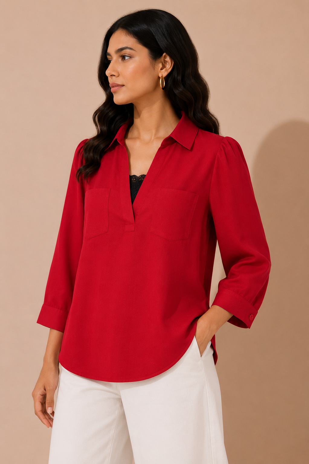 Ivory Contrast Collar Puff Sleeve Shirt