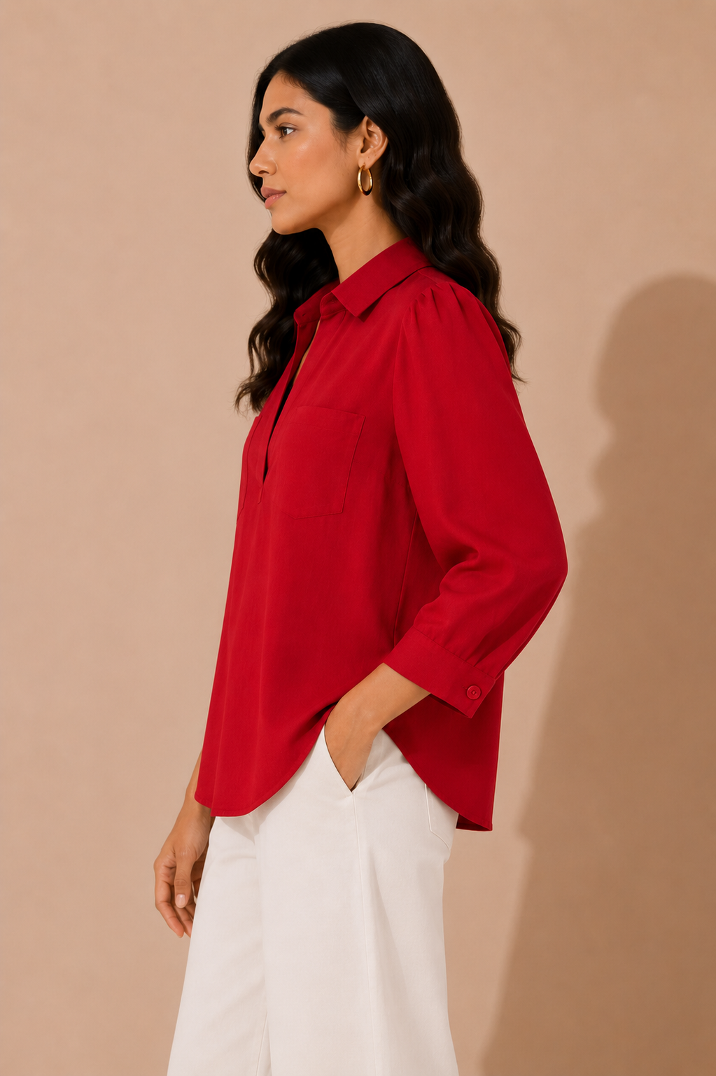 Ivory Contrast Collar Puff Sleeve Shirt