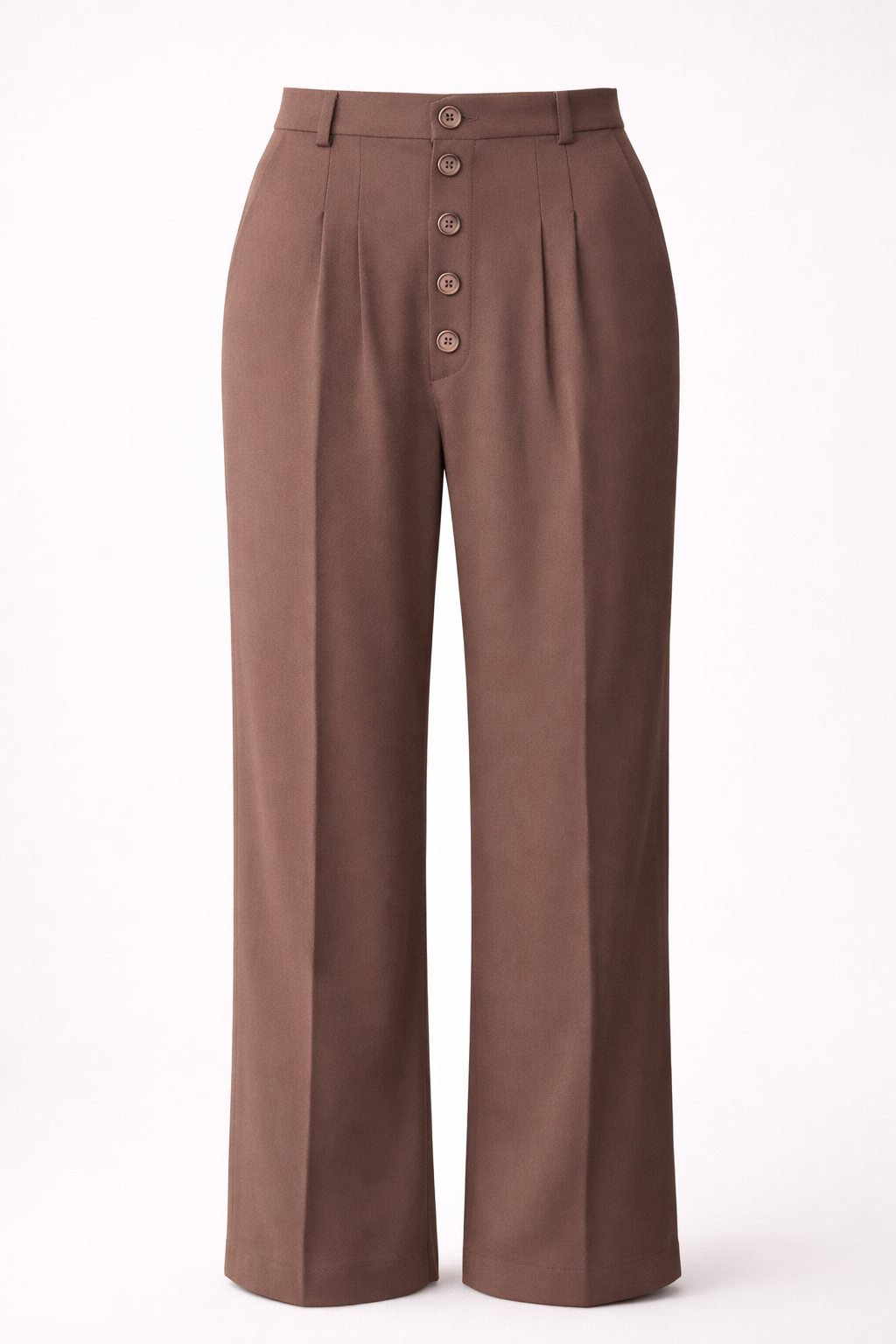 Mocha High-Waist Button Detail Wide-Leg Trousers