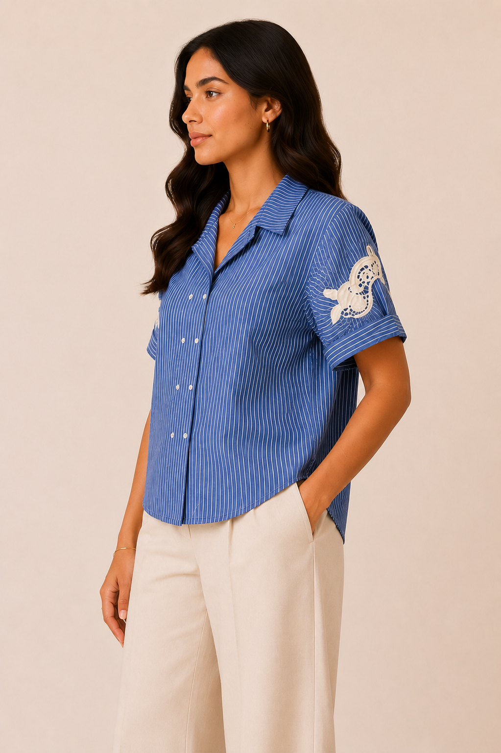 Sky Blue Stripe Butterfly Detail Relaxed Shirt