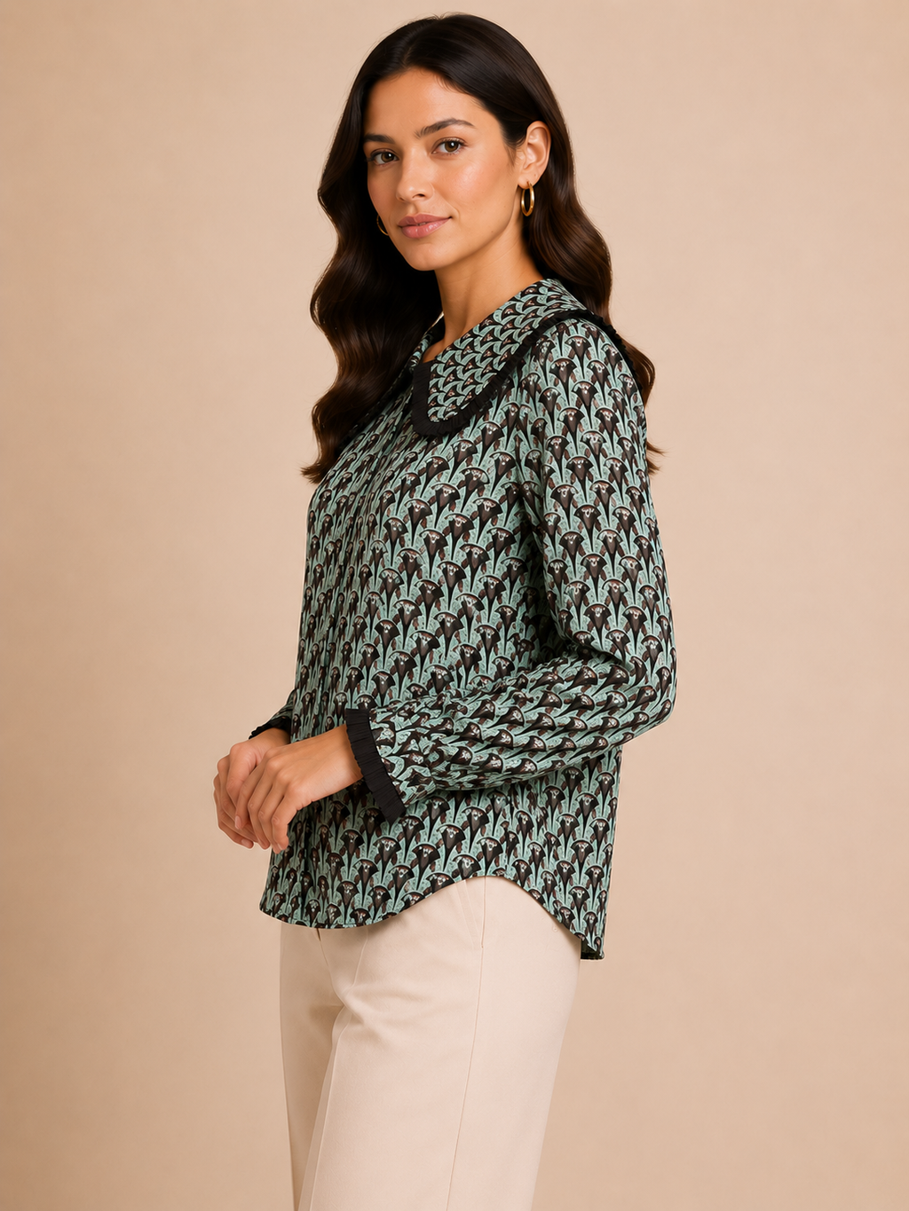 Vintage Print Statement Collar Chic Top