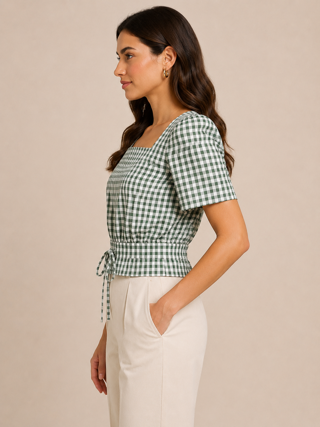 Green Gingham Tie-Up Crop Top