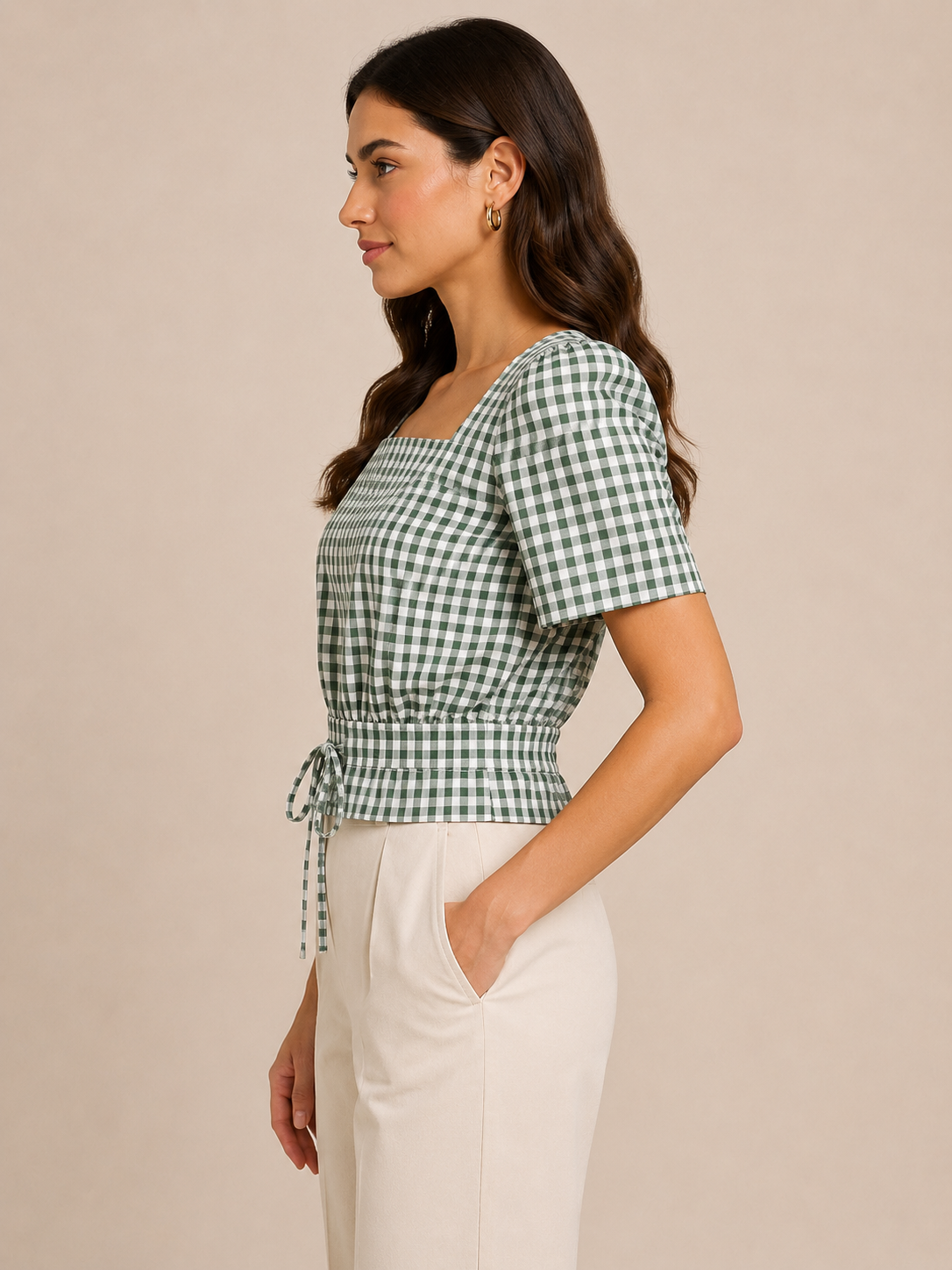 Green Gingham Tie-Up Crop Top
