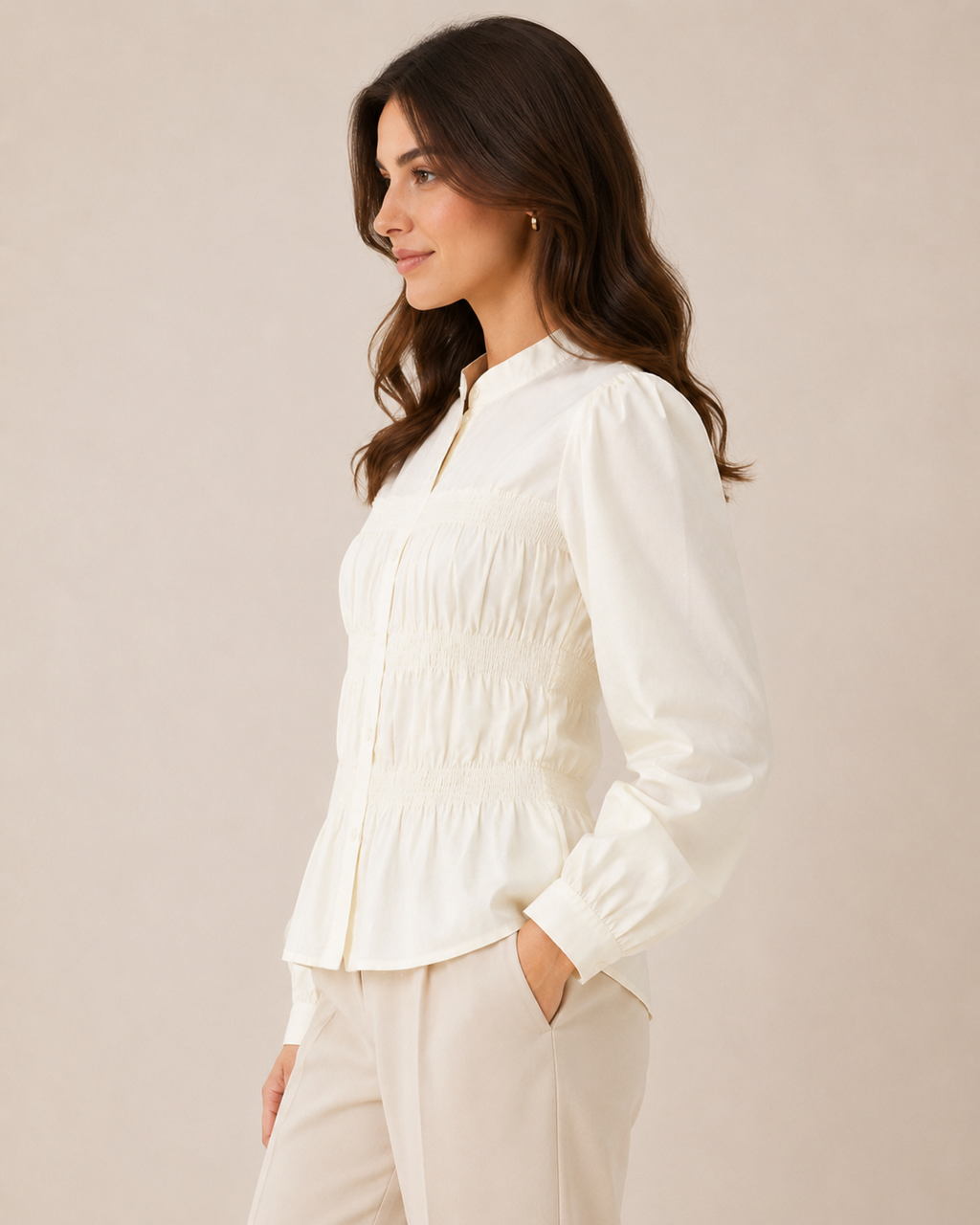 Ivory Smocked Waist Long Sleeve Blouse – Elegant Structured Fit Top