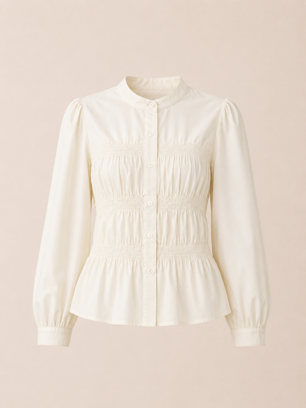 Ivory Smocked Waist Long Sleeve Blouse – Elegant Structured Fit Top