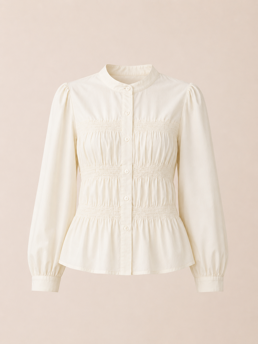 Ivory Smocked Waist Long Sleeve Blouse – Elegant Structured Fit Top
