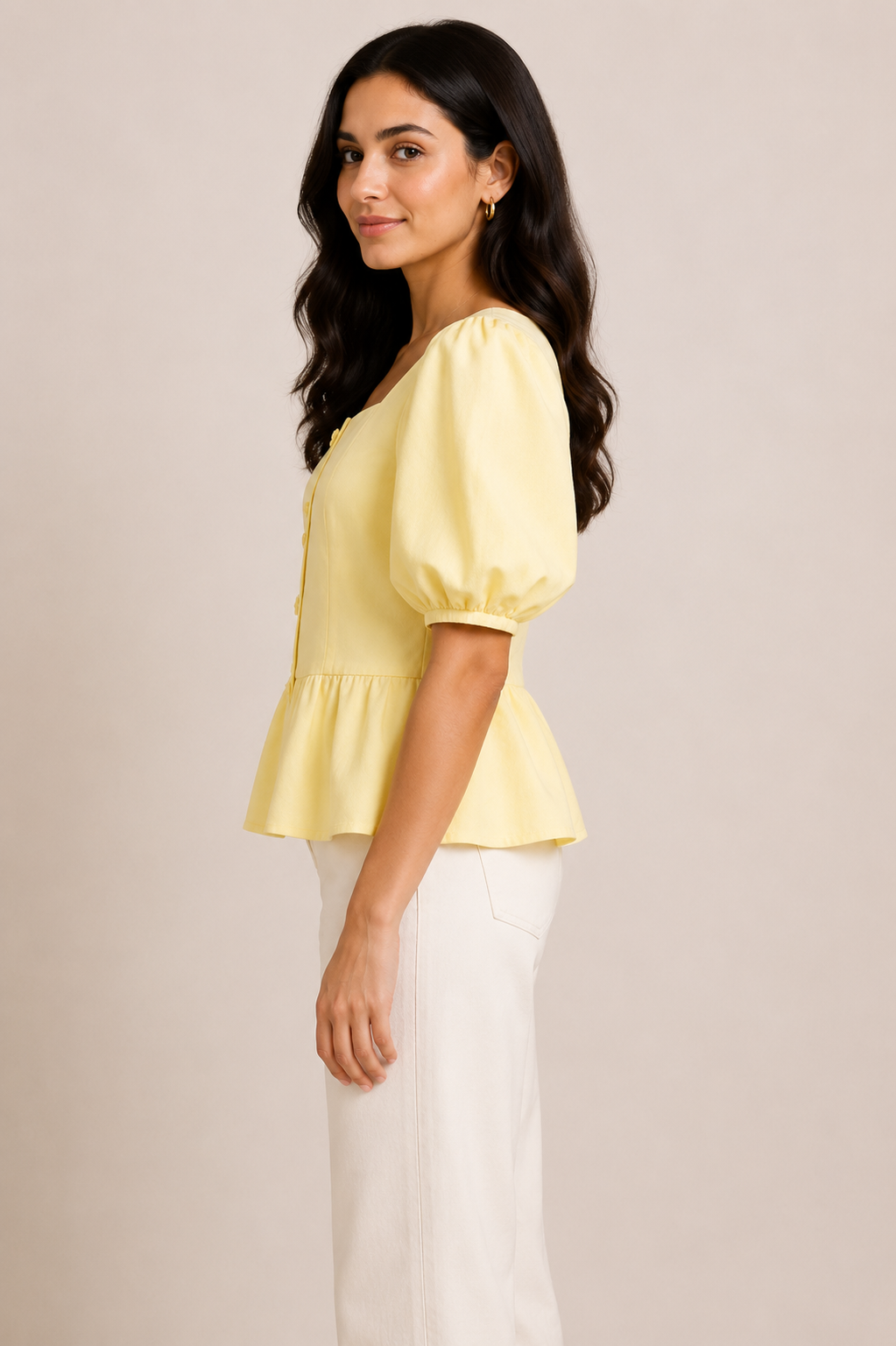 Pastel Yellow Puff Sleeve Structured Top