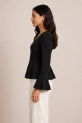 Black Sculpted Zip Peplum Top