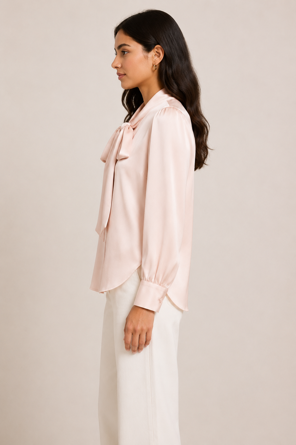 Blush Satin Bow Tie Blouse
