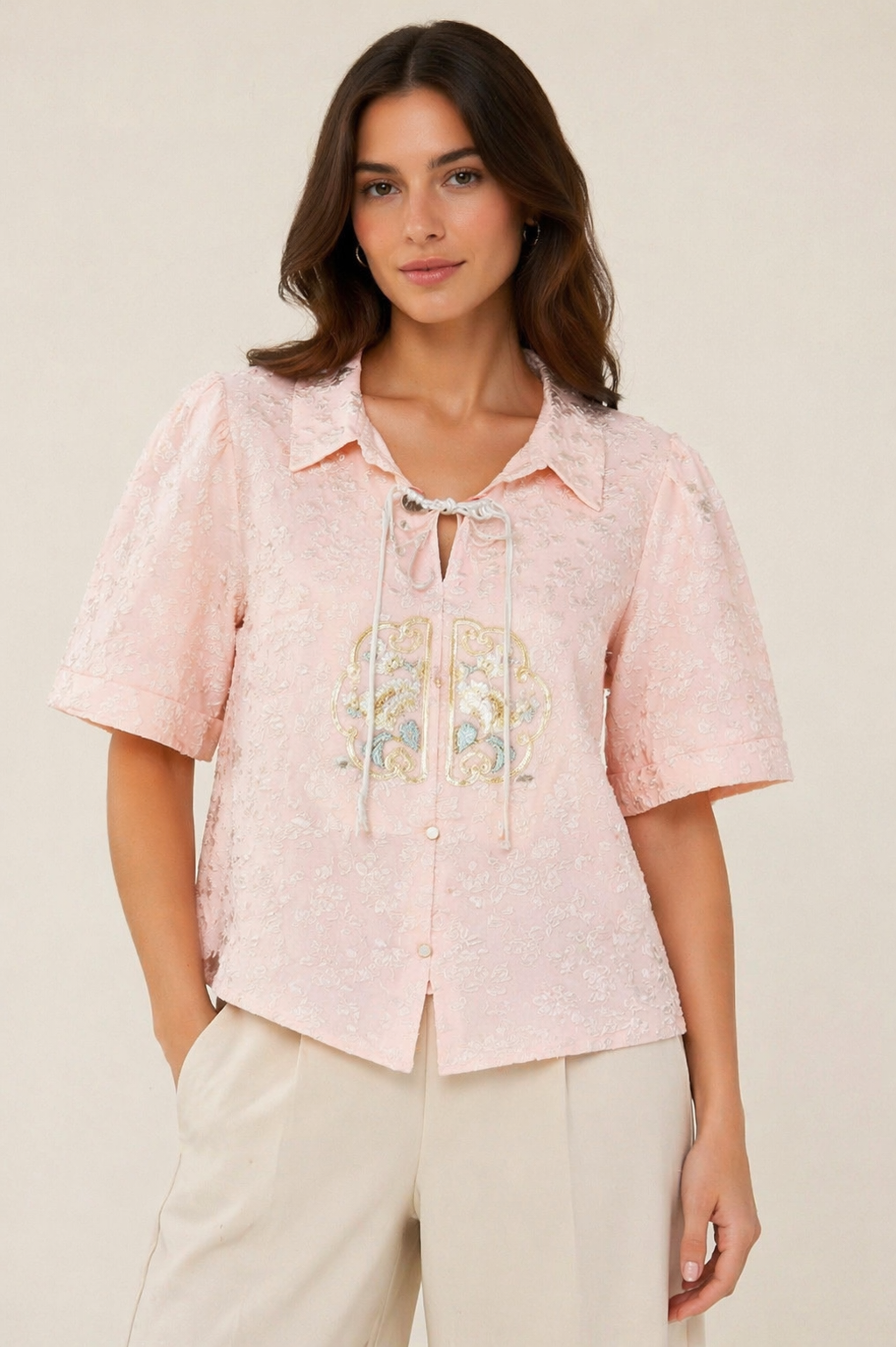 Blush Pink Embroidered Tie-Neck Textured Blouse