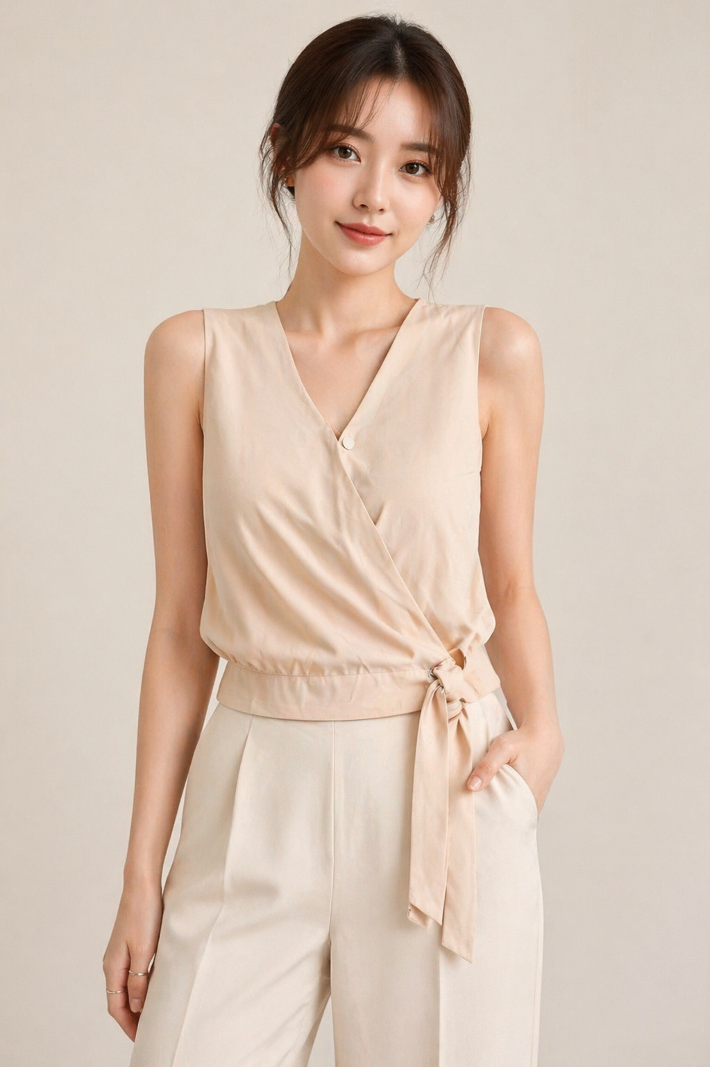 Nude Beige Wrap-Style Sleeveless Top with Tie Detail