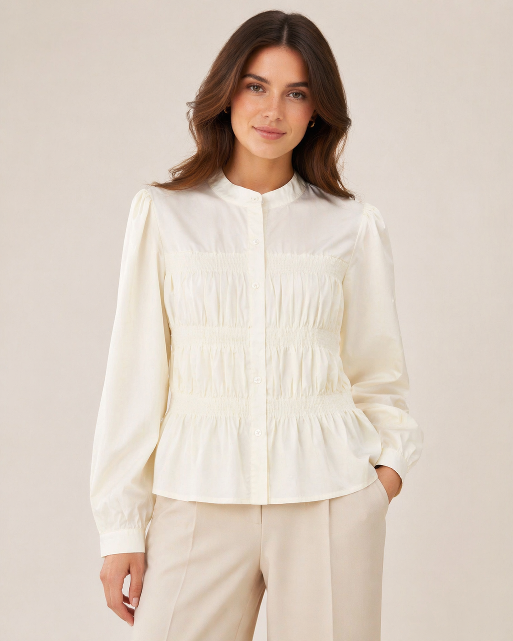 Ivory Smocked Waist Long Sleeve Blouse – Elegant Structured Fit Top