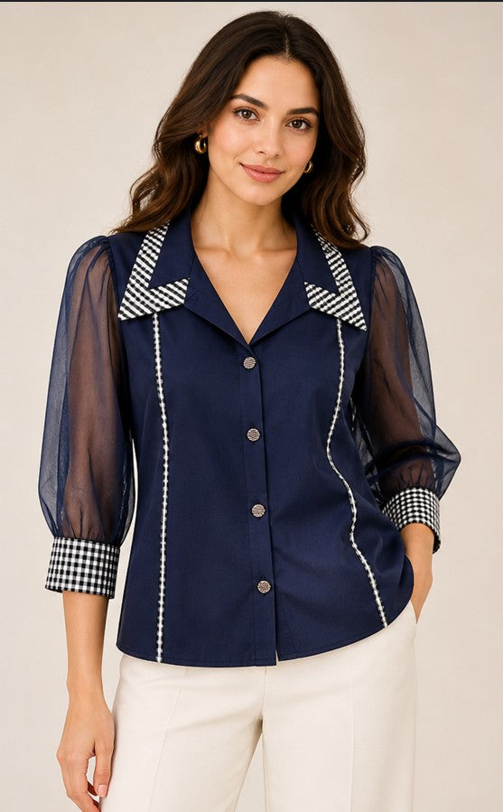 Navy Sheer Sleeve Contrast Collar Shirt
