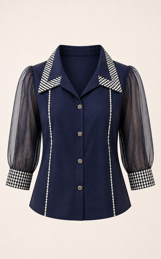 Navy Sheer Sleeve Contrast Collar Shirt