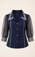 Navy Sheer Sleeve Contrast Collar Shirt