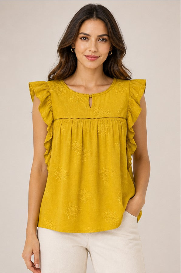 Mustard Ruffle Sleeve Boho Top