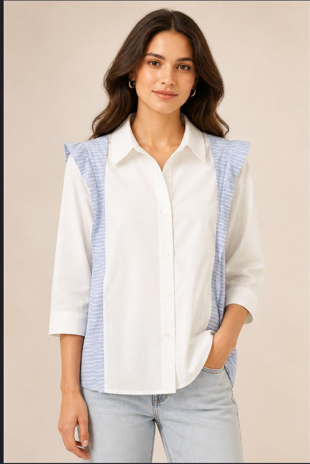 White Shirt with Contrast Blue Panel Design
