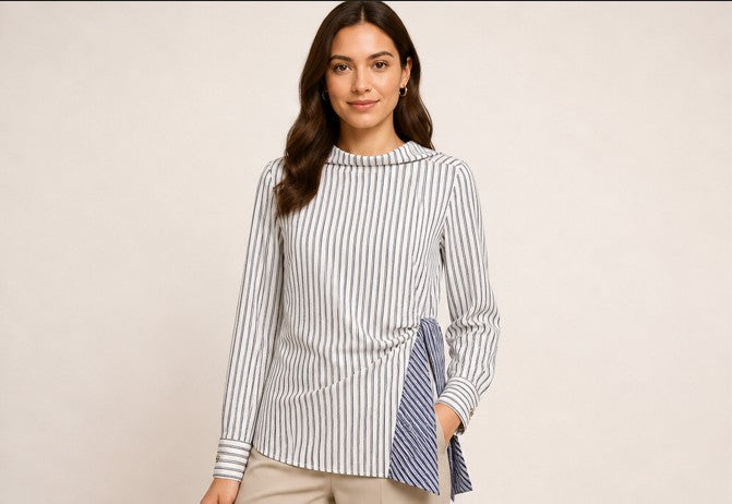 Blue Stripe Asymmetric Drape Top