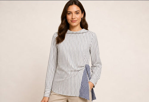 Blue Stripe Asymmetric Drape Top