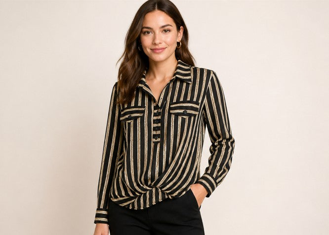 Black & Gold Twist Front Statement Shirt