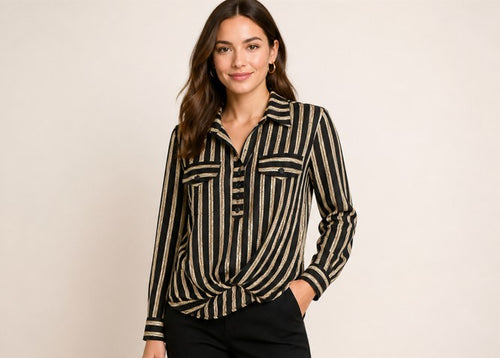 Black & Gold Twist Front Statement Shirt
