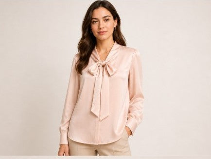 Blush Satin Bow Tie Blouse