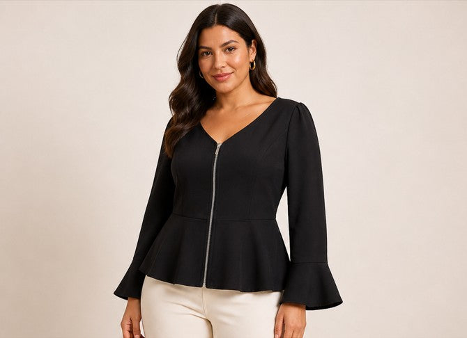 Black Sculpted Zip Peplum Top