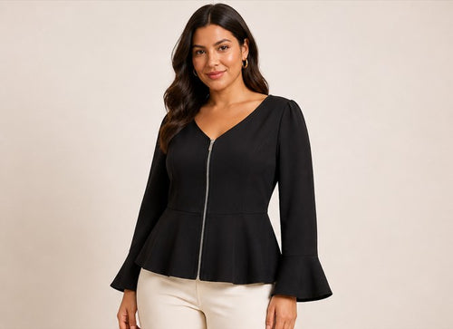 Black Sculpted Zip Peplum Top