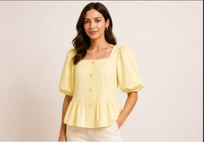 Pastel Yellow Puff Sleeve Structured Top