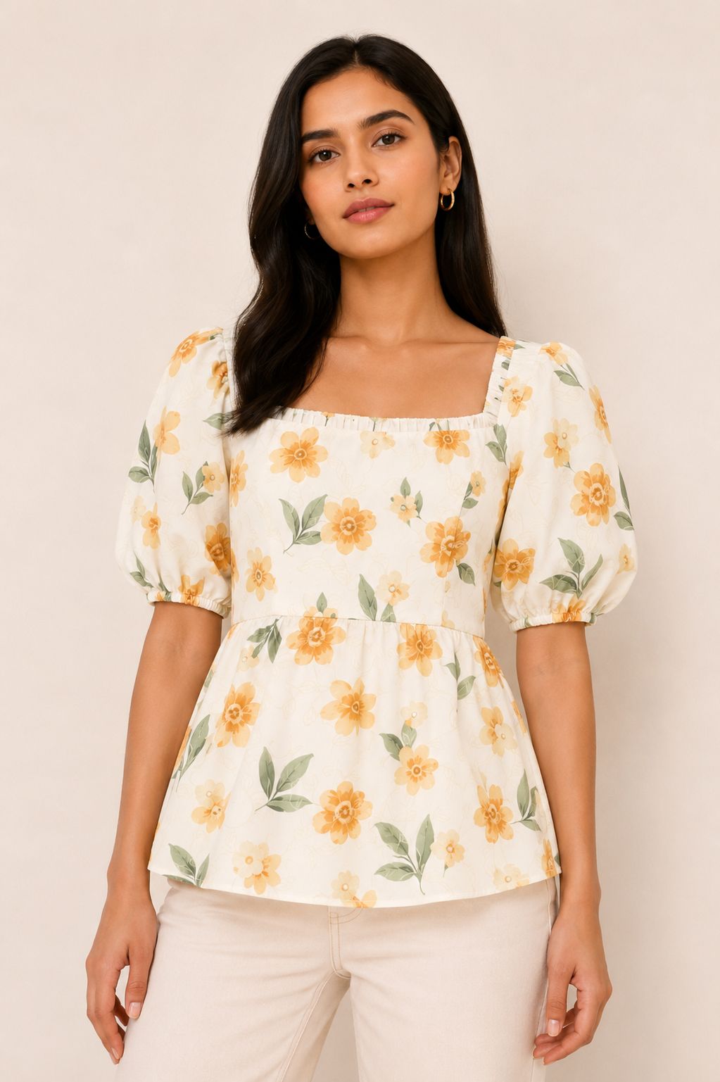 Floral Puff Sleeve Peplum Top