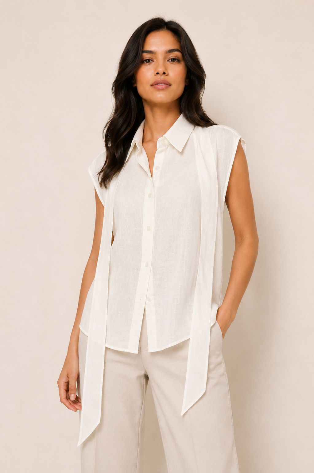 Ivory Tie-Neck Sleeveless Shirt